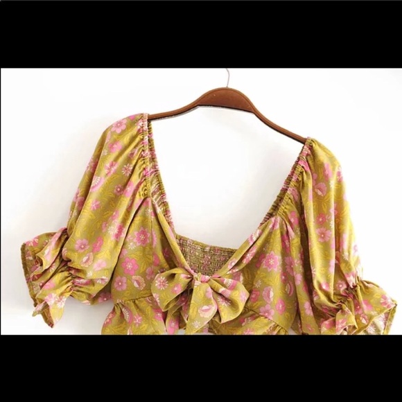 Boho Gypsy Dahlia Smocked Crop Peasant Top Floral gold mustard tie blouse - Picture 7 of 13